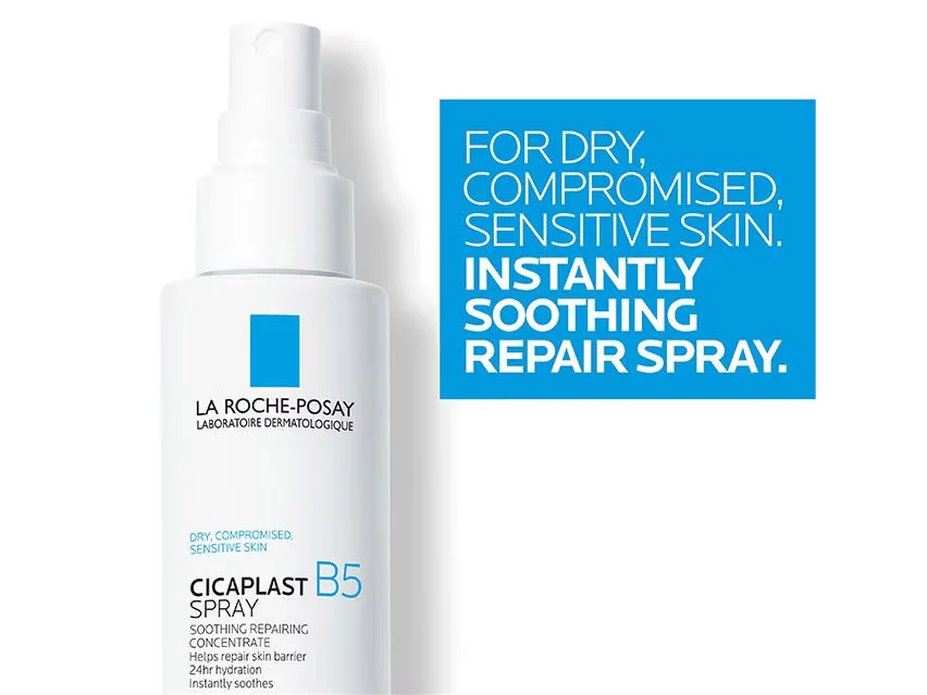La Roche-Posay Cicaplast B5 spray for dry, compromised, sensitive skin with soothing and repairing benefits.